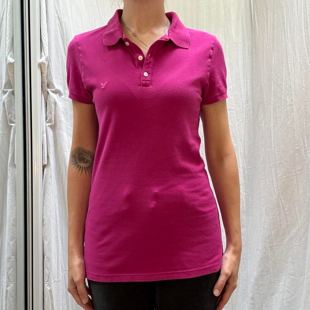 American Eagle‎ Magenta Polo Medium Y2K 2000s Fuchsia Pink Classic Short Sleeve